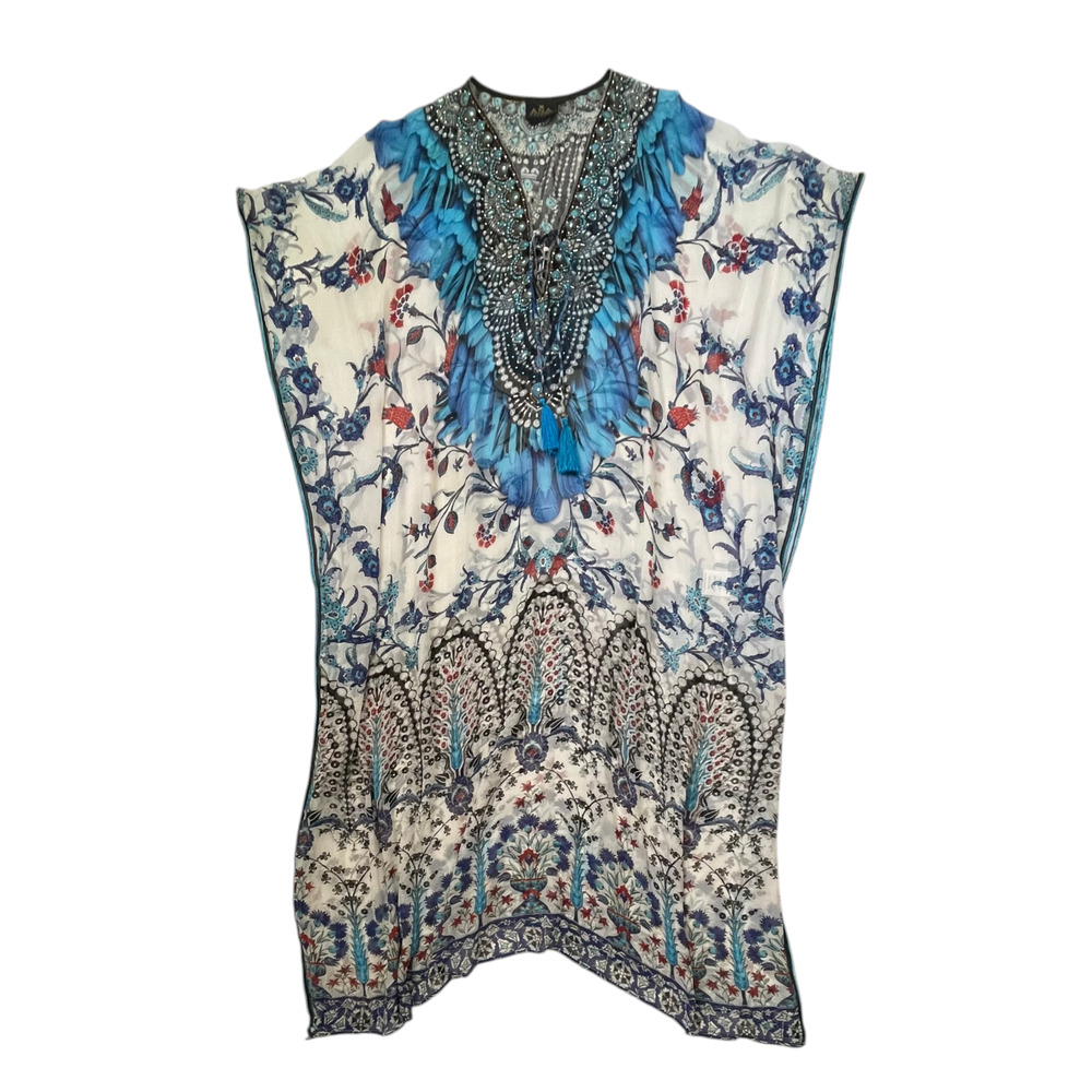 ASA Kaftans Long Coverup Maxi Dress - Blue White - Feathers - Floral - Size L